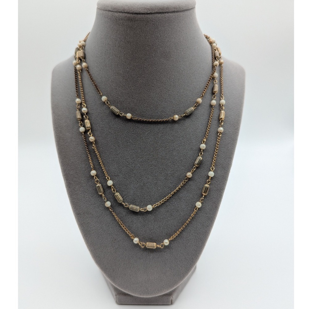 Vintage Gold Tone Faux Pearl Station Necklace Long Layering Chain 26 Inch